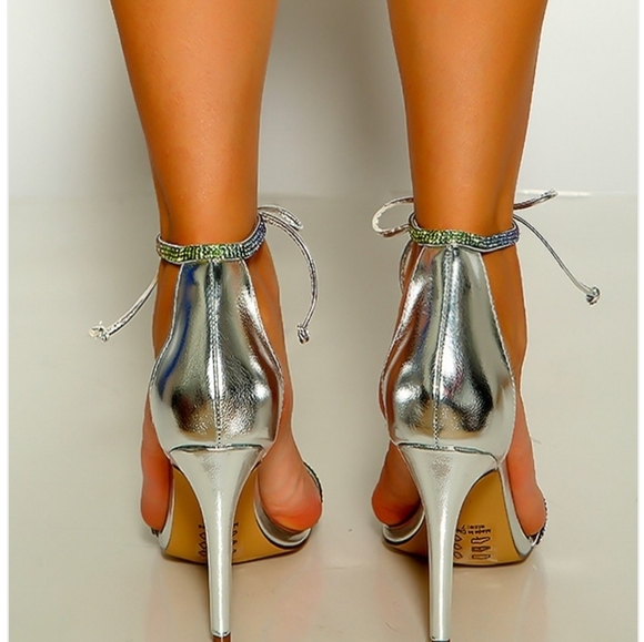 Women's Silver Rhinestone Front Tie Lace Up Detail Single Sole High Heels - Picture 2 of 5